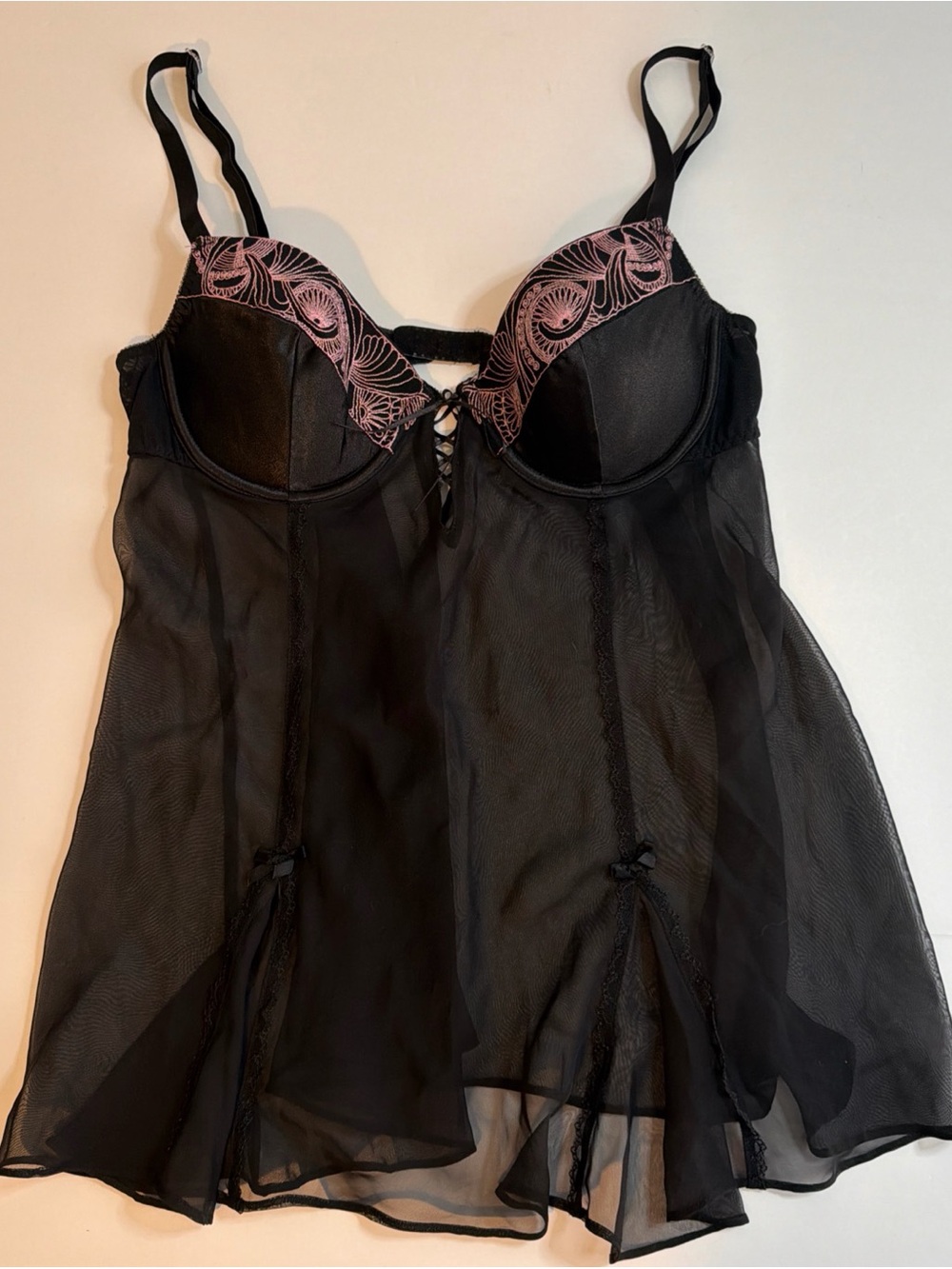MORGAN TAYLOR FANTASIES Black Babydoll Nightie Pink Embroidery Size Medium